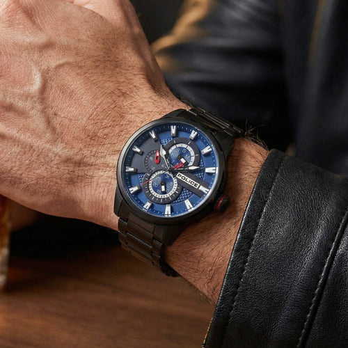 Man Wering Police Lincoln Blue Dial Black Men's Watch