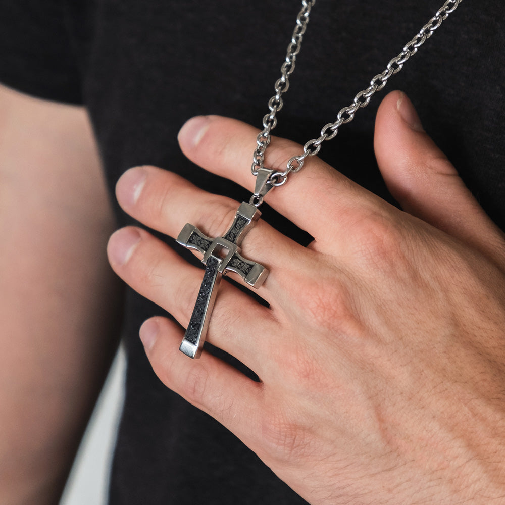 SAVE BRAVE MEN’S DAVIS STAINLESS STEEL CELTIC CROSS NECKLACE - MODEL VIEW