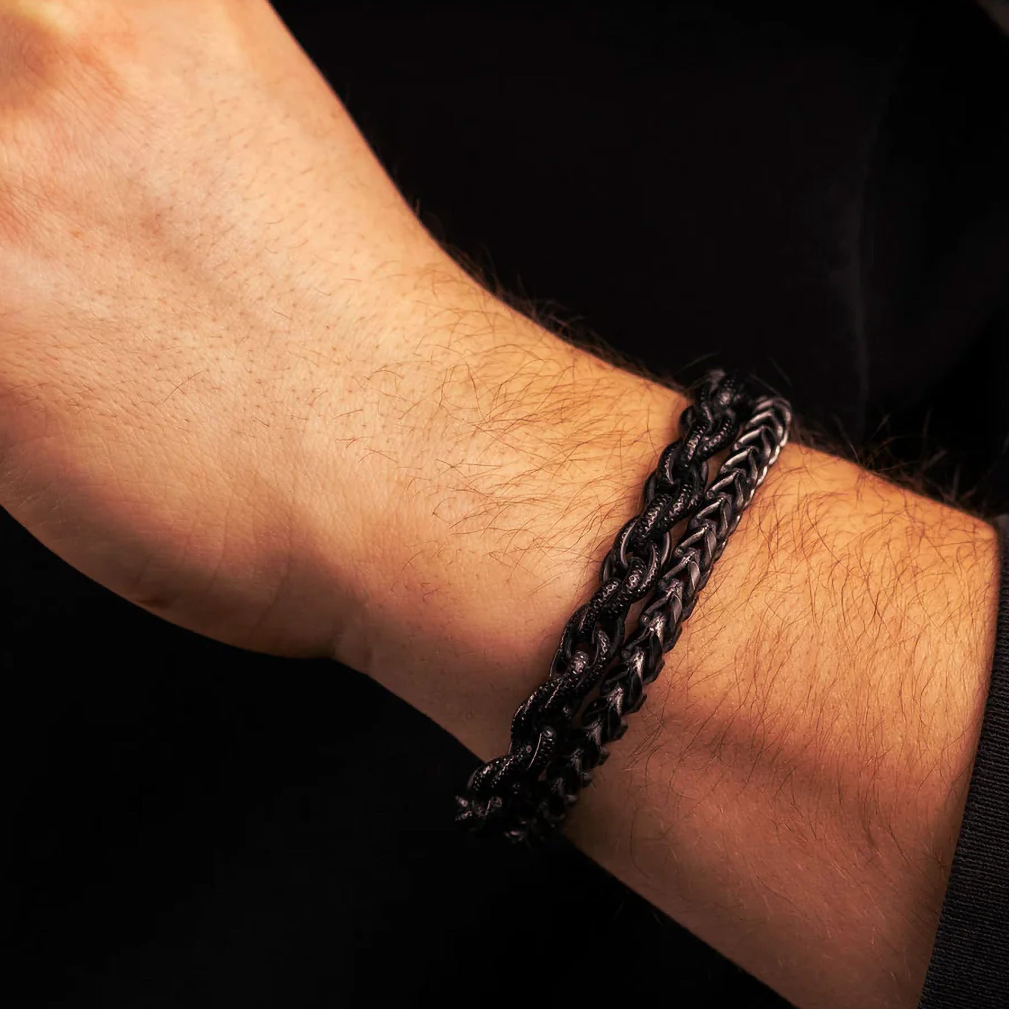 Man Wearing Men’s Onyx Bead & Chain Double Wrap Bracelet