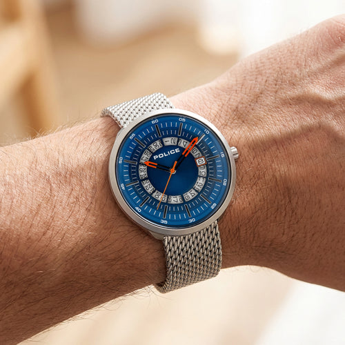 Man Wearing Police Dalian Blue Dial Silver Mesh Men's Watch