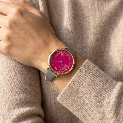 Woman Wearing Sara Miller Chelsea Birds 34mm Pink Dial Gold Watch