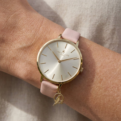 Woman Wearing Sara Miller Chelsea Charm 34mm Sunray Dial Gold Watch