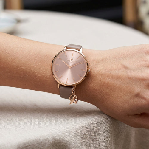 Woman Wearing Sara Miller Chelsea Charm 34mm Sunray Dial Rose Gold Watch