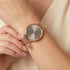 Woman Wearing Sara Miller Chelsea Charm 34mm Mocca Rose Gold Mesh Watch