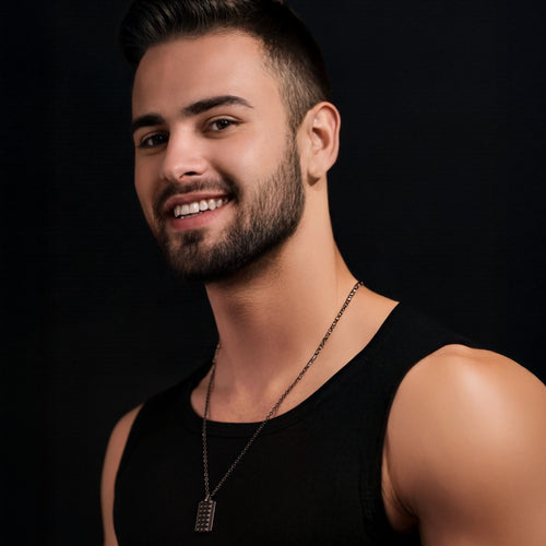 Man Wearing Pyramid Dog Tag Men's Necklace