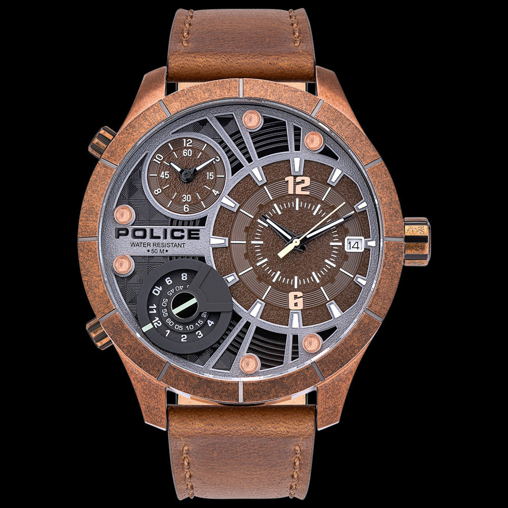 POLICE BUSHMASTER BROWN LEATHER WATCH