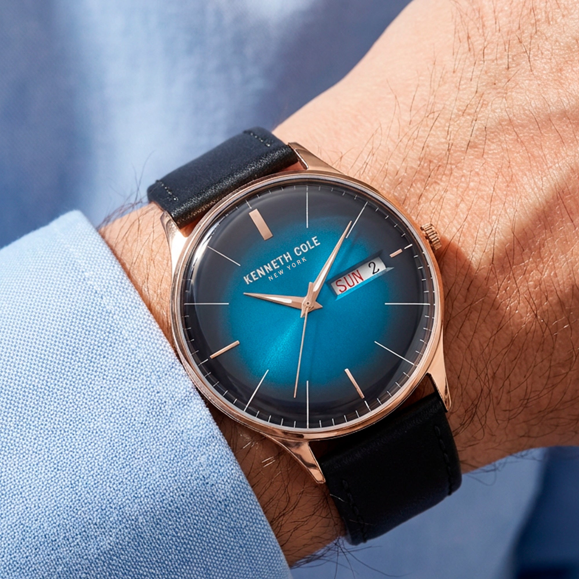 Man Wearing Kenneth Cole Men's Teal Green Dial Classic Watch 