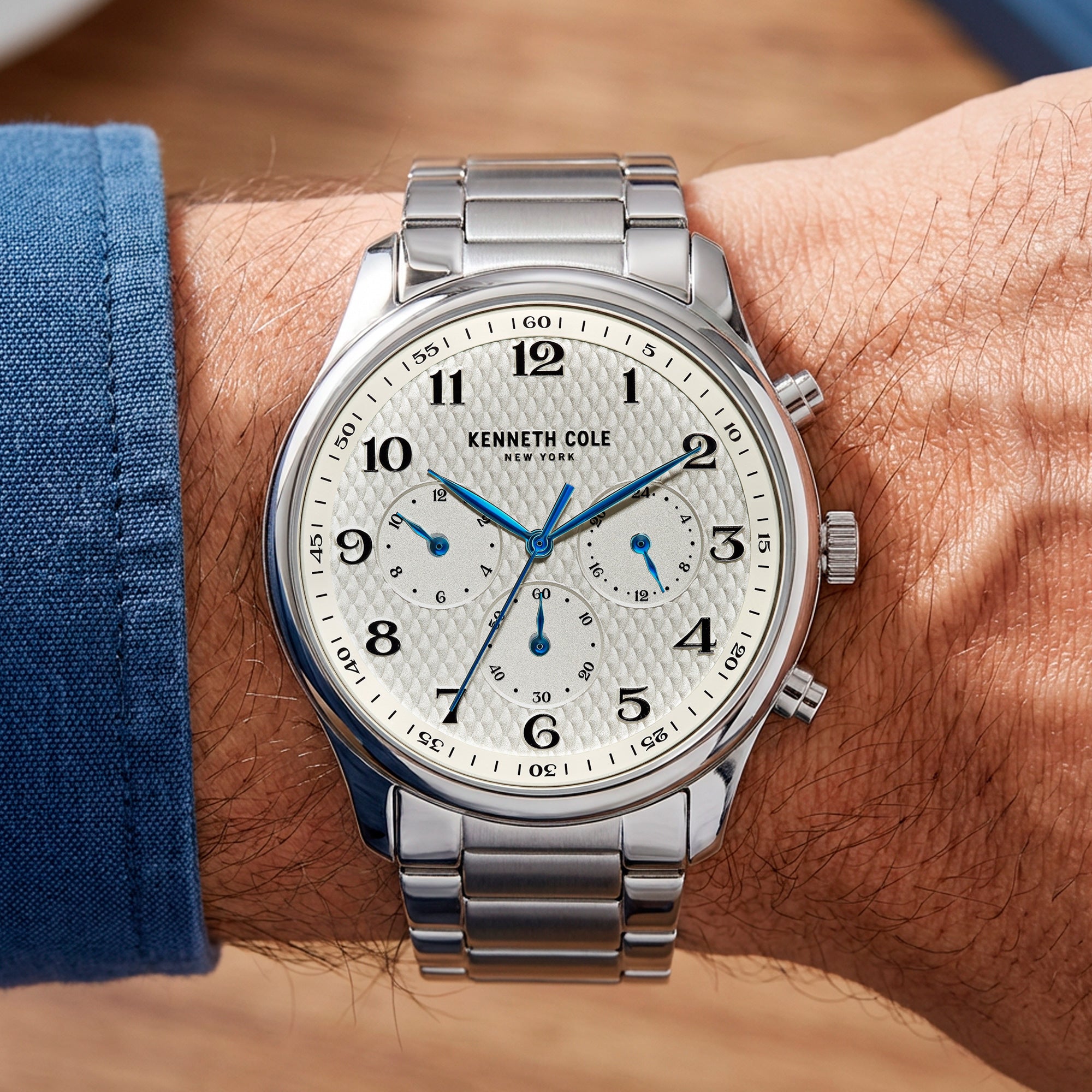 Man Wearing Kenneth Cole White Dial Multifunction Men's Link Watch