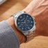 Man Wearing Kenneth Cole Blue Dial Multifunction Men's Link Watch