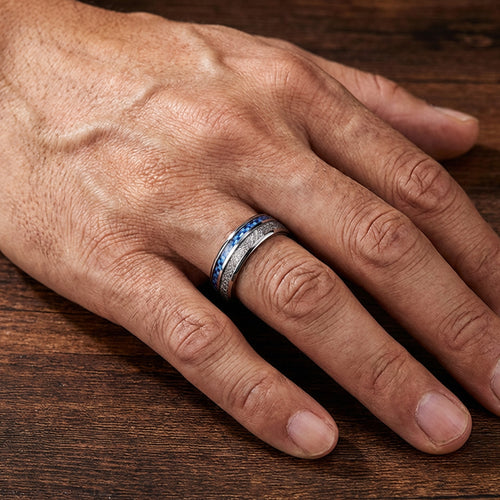 Man Wearing Maximan Glacier Blue Carbon Fibre Men's Tungsten Ring