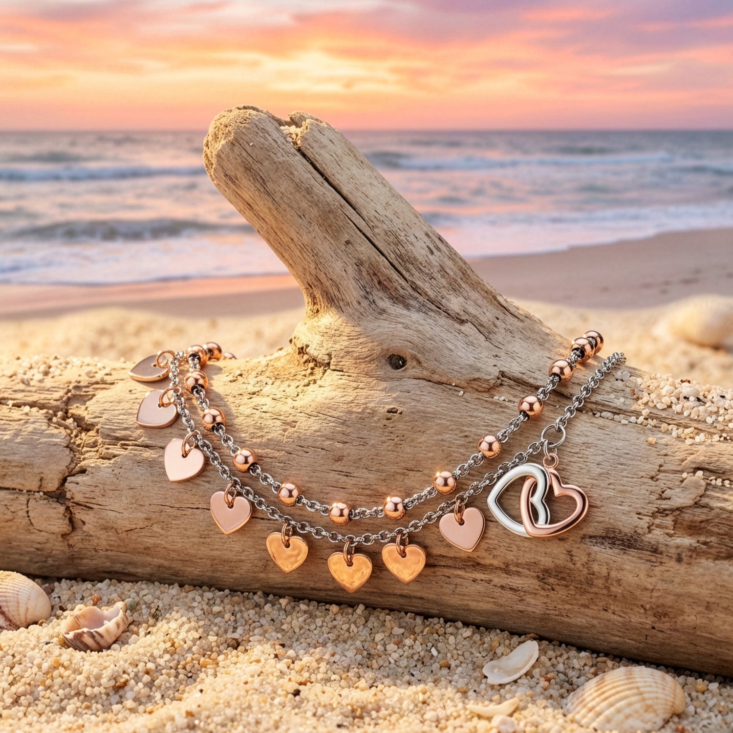 Hearts & Beads Steel Boho Anklet & Bracelet On A Log At The Beach