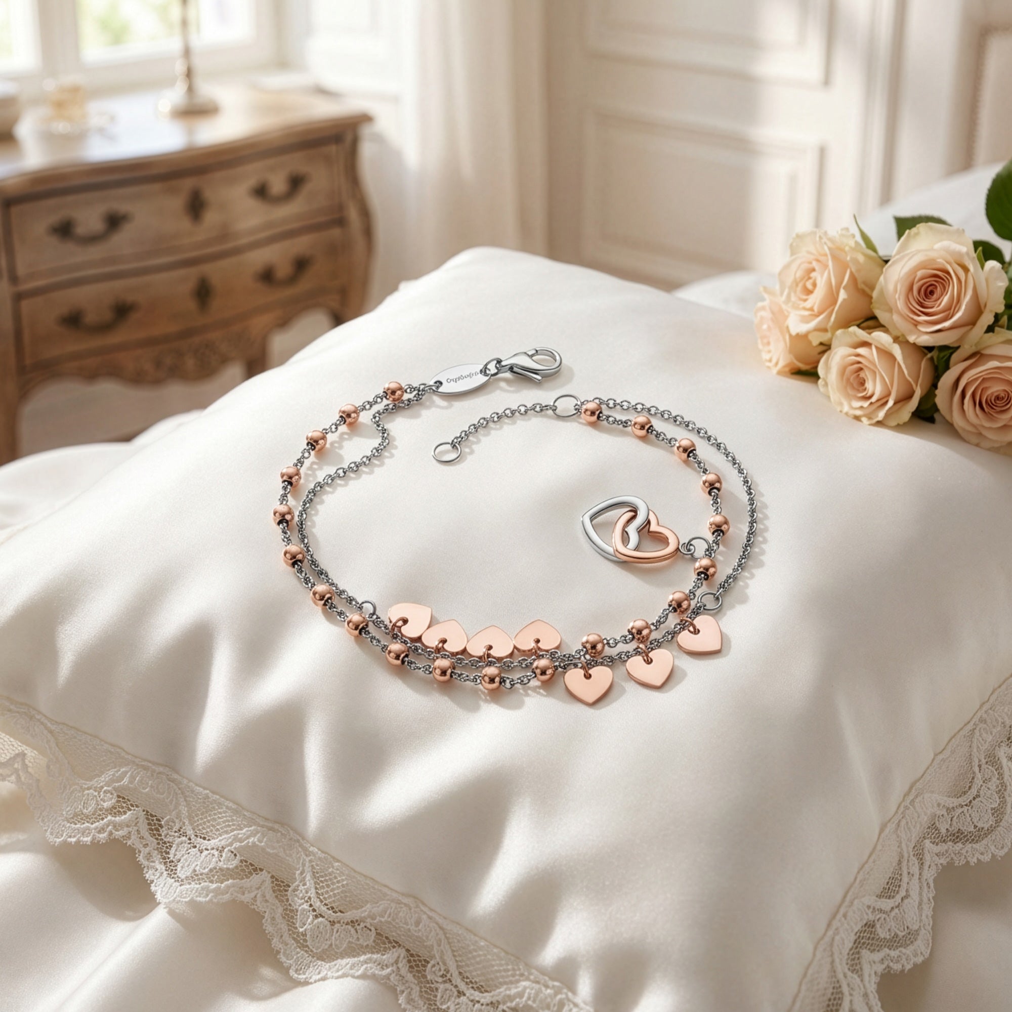 Hearts & Beads Steel Boho Anklet & Bracelet On A Cushion