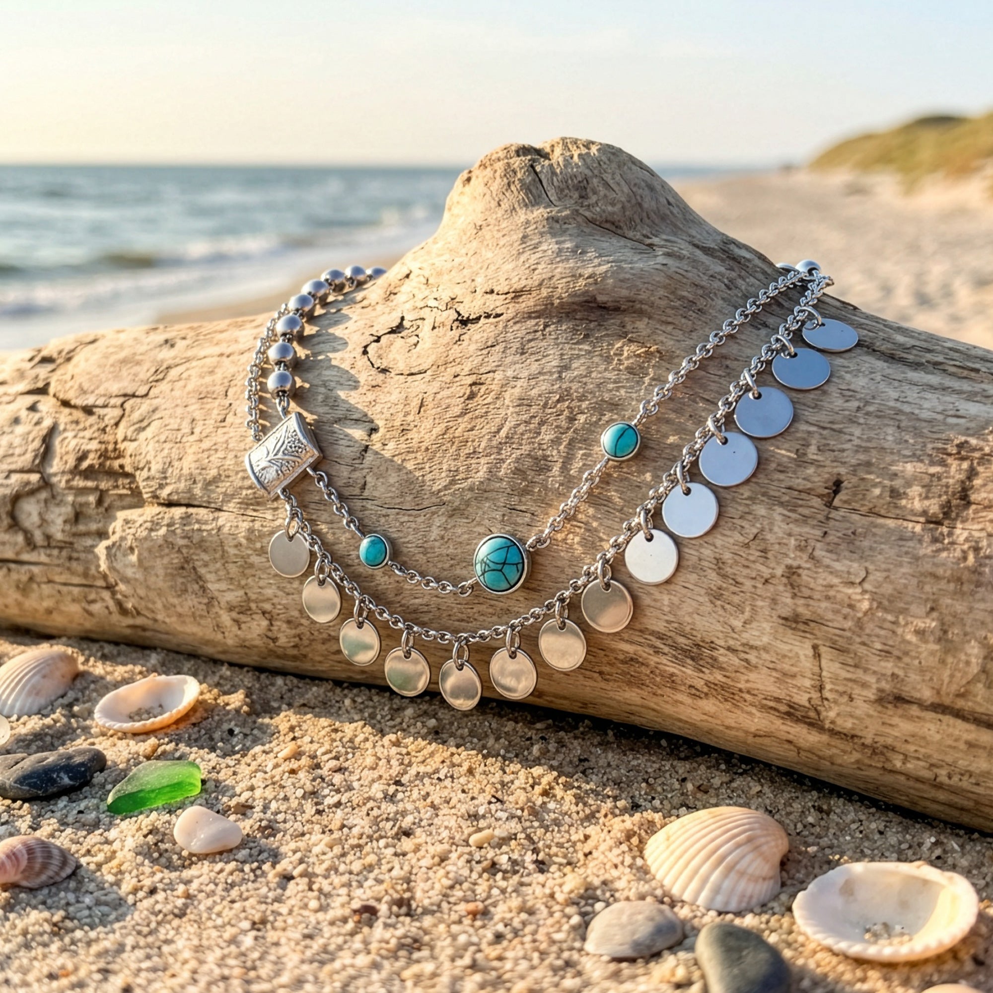 Tree Of Life Steel Boho Bead Anklet & Bracelet On A Log At The Beach