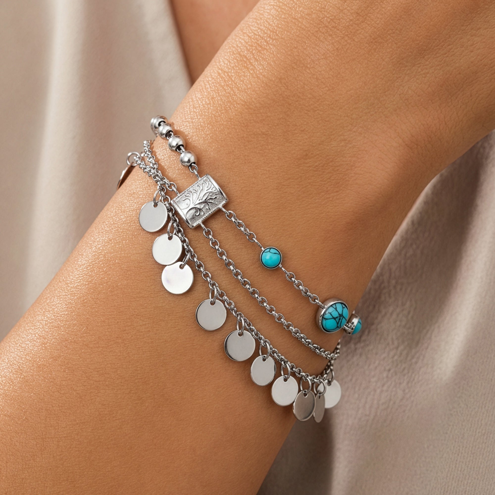 Woman Wearing Tree Of Life Steel Boho Bead Bracelet