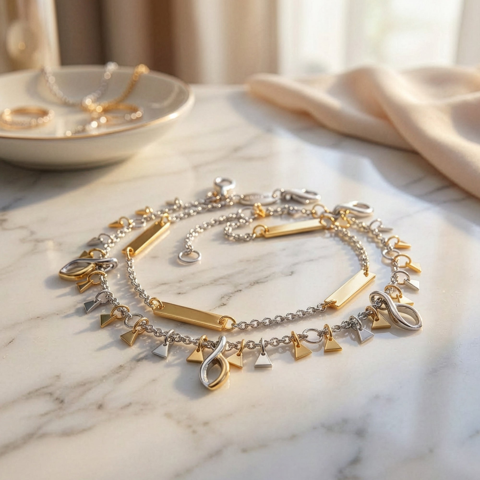 Triangles Gold Boho Bead Anklet & Bracelet On A Marble Table