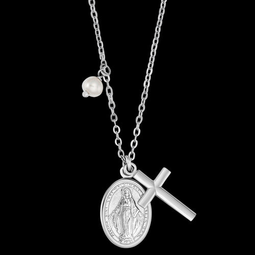 ENGELSRUFER SILVER VIRGIN MARY MARIA CROSS PEARL NECKLACE
