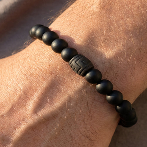 Man Wearing Greek Key Men's Onyx Bead Bracelet