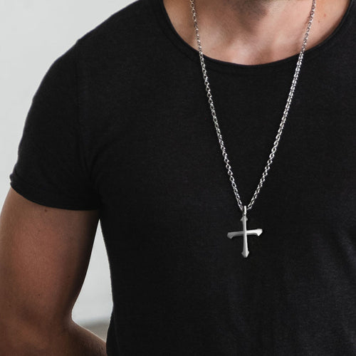 SAVE BRAVE MEN'S ISAAC STAINLESS STEEL CROSS NECKLACE - MODEL VIEW