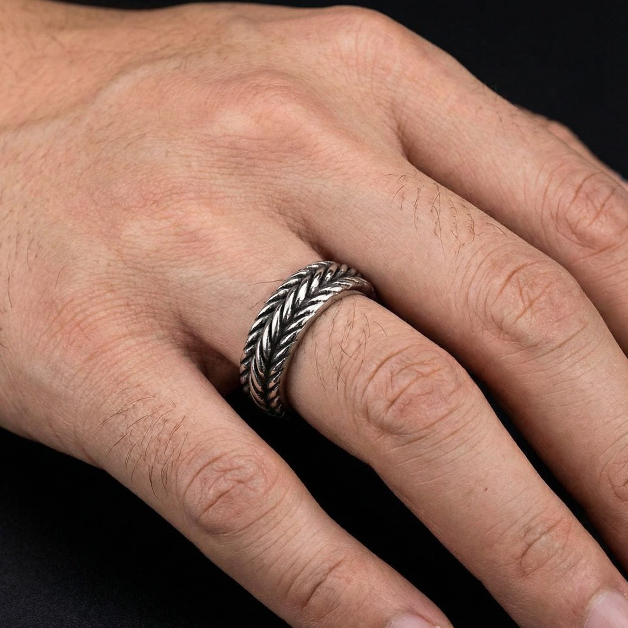 Man Wearing Stainless Steel Men's Twisted Rope Ring