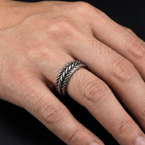 Man Wearing Stainless Steel Men's Twisted Rope Ring