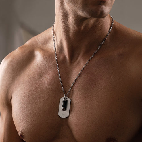 Man Wearing Bullet Dog Tag Stainless Steel Necklace