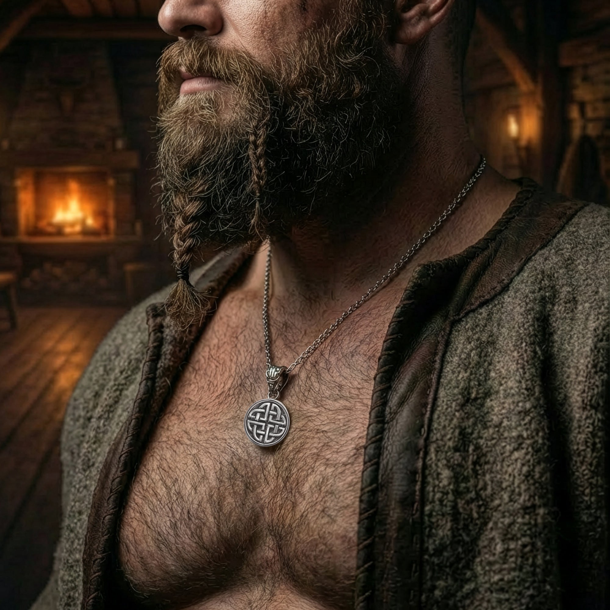 Side View Man Wearing Viking Shield Knot Men's Pendant