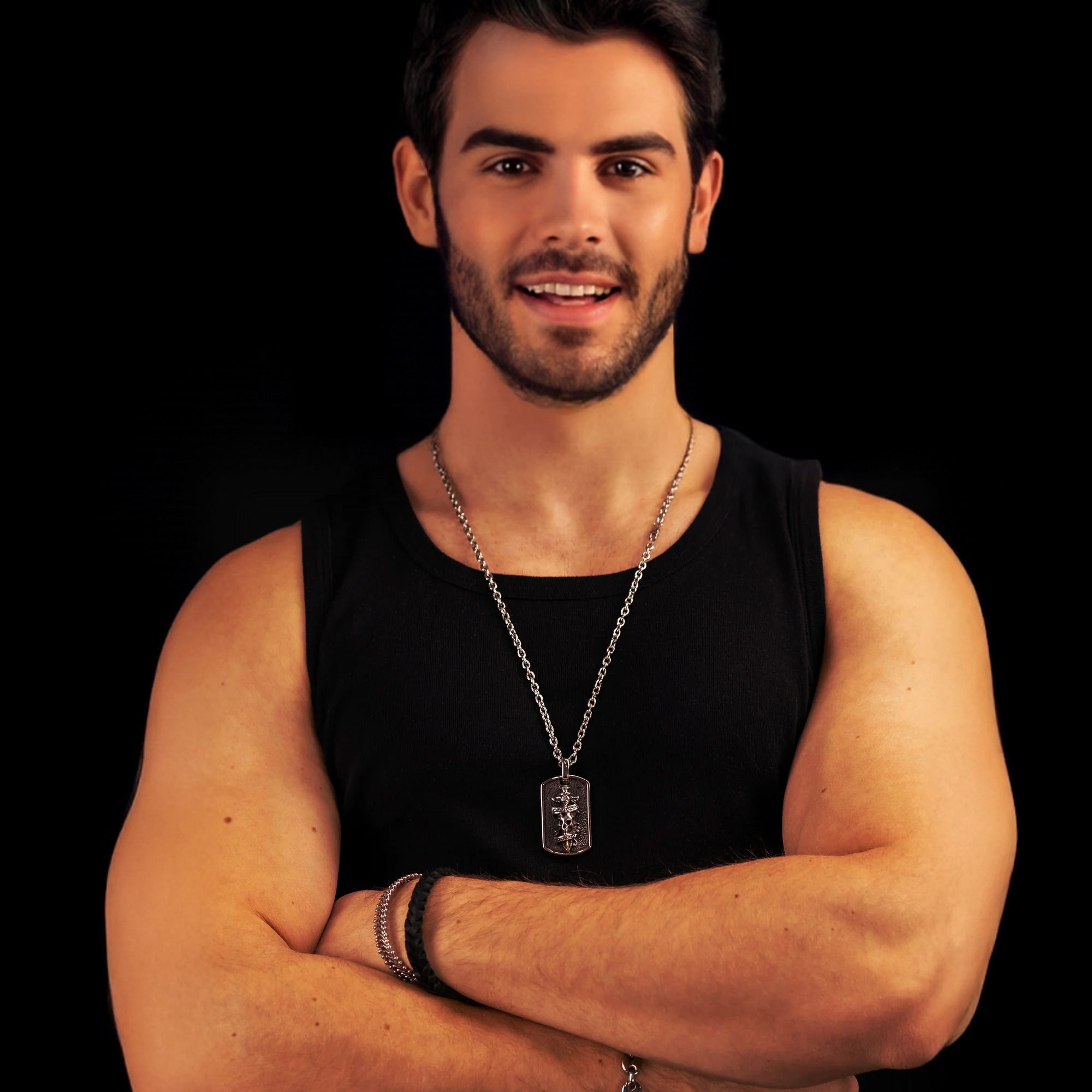 Man Wearing Save Brave Men’s Jack Skull & Dagger Dog Tag Necklace