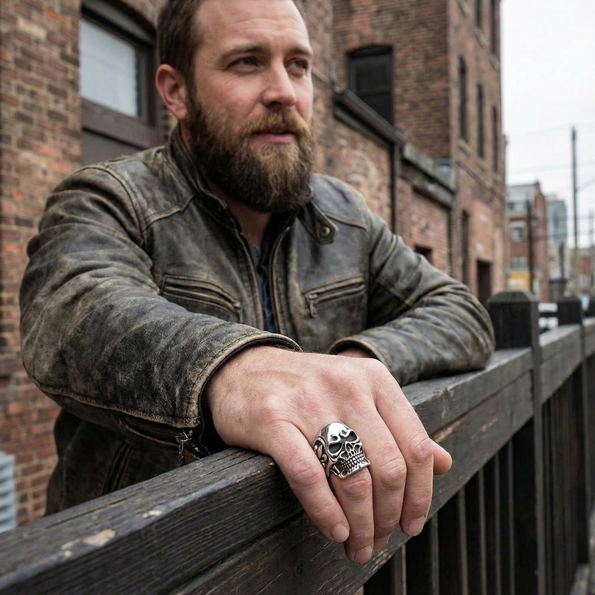 Man Wearing Sterling Silver Men's Skull Fleur-De-Lis Ring