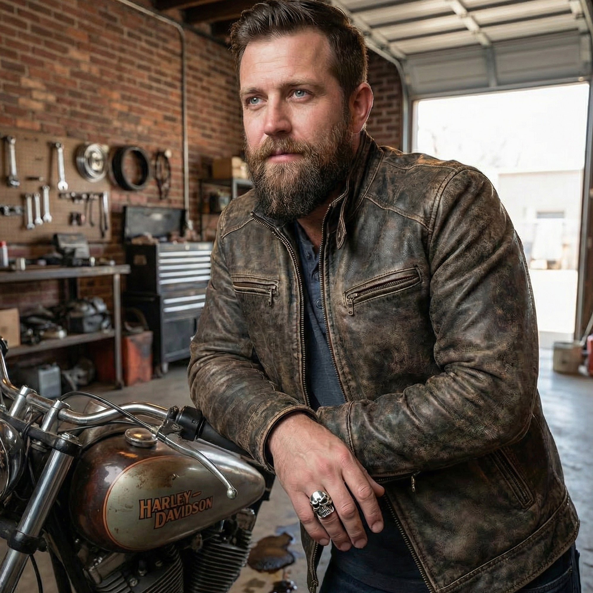 Man Man Wearing Sterling Silver Men's Skull Fleur-De-Lis Ring Leaning On Motorcycle