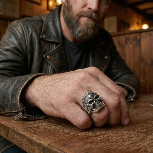 Man Wearing Sterling Silver Men's Sugar Skull Ring