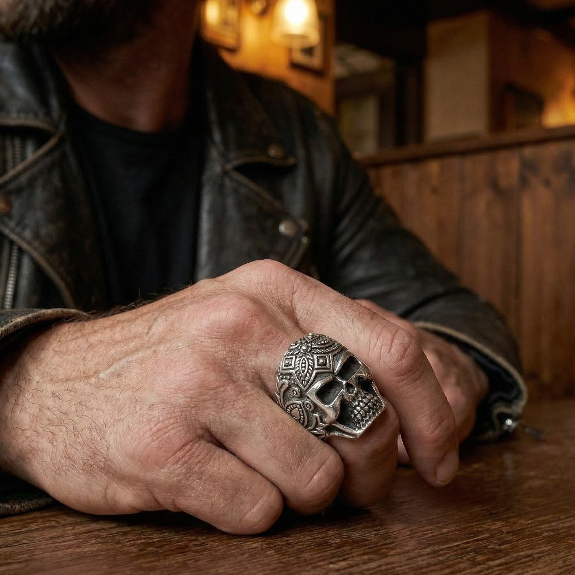 Close Up Man Wearing Sterling Silver Men's Sugar Skull Ring