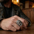 Close Up Man Wearing Sterling Silver Men's Sugar Skull Ring