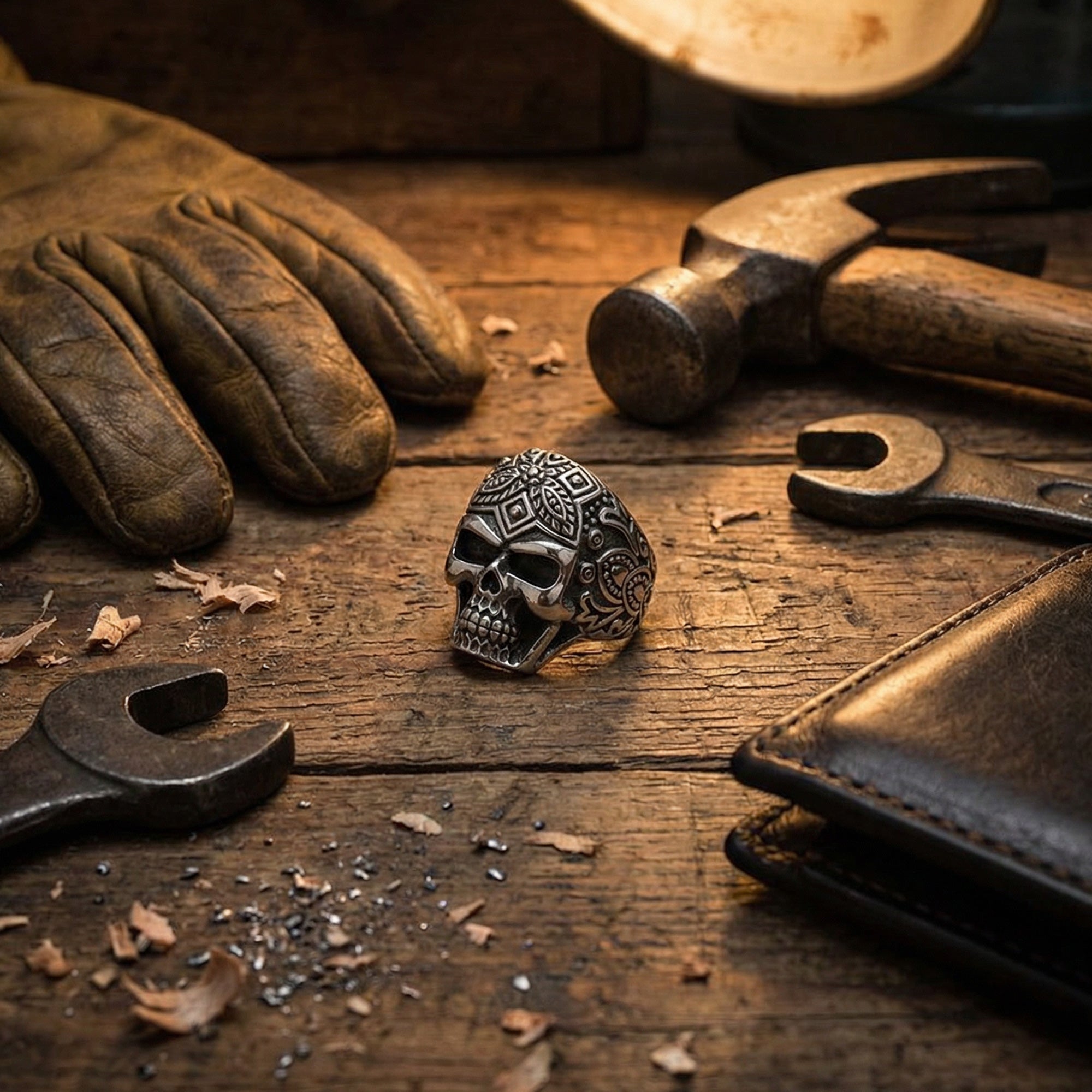 Man Wearing Sterling Silver Men's Sugar Skull Ring ON Wooden Work Bench