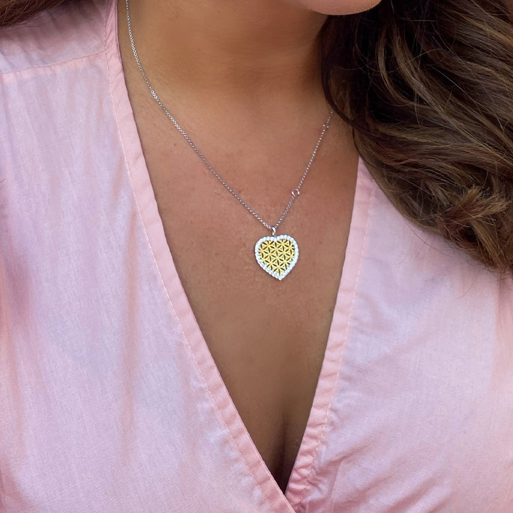 ENGELSRUFER GOLD FLOWER OF LIFE HEART NECKLACE - MODEL VIEW