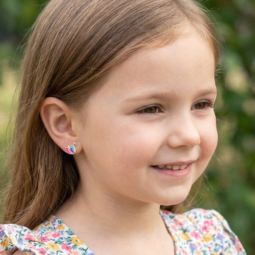Young Girl Wearing Swan Rainbow Silver Enamel Children's Earrings