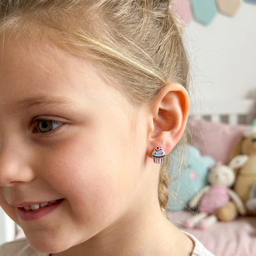 Girl Wearing Silver Muffin Enamel Children's Earrings