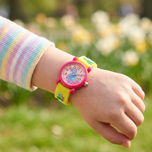 Young Girl Wearing Colourful Swan Children's Watch