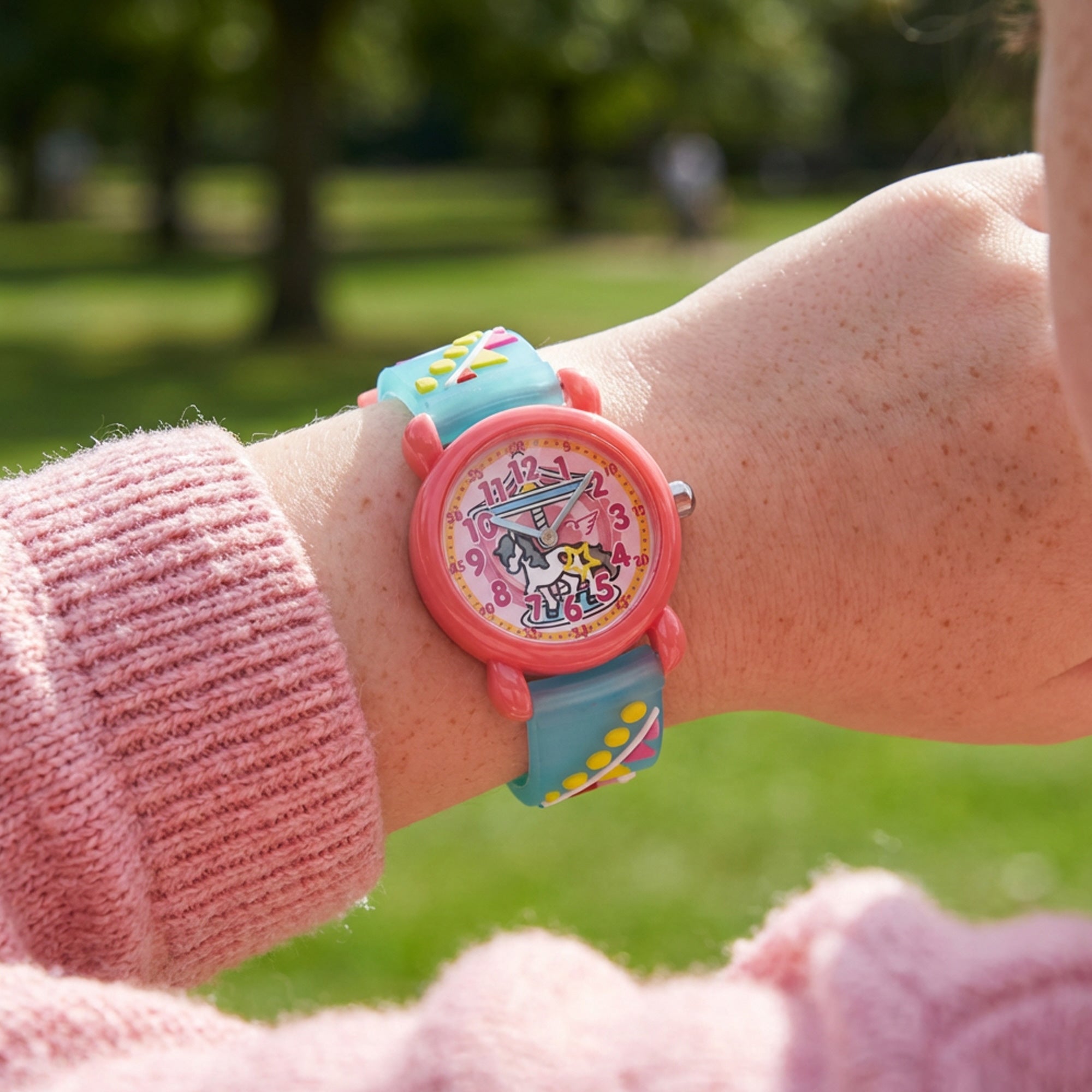 Young Girl Wearing Carousel Horse Children's Watch