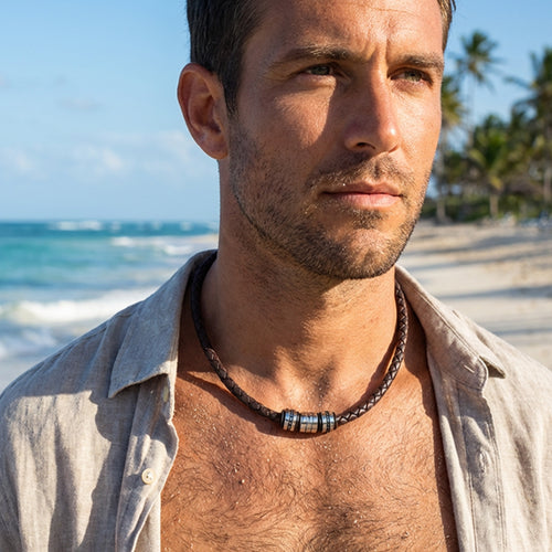 Man Wearing Brown Leather Men's Bead Necklace At The Beach