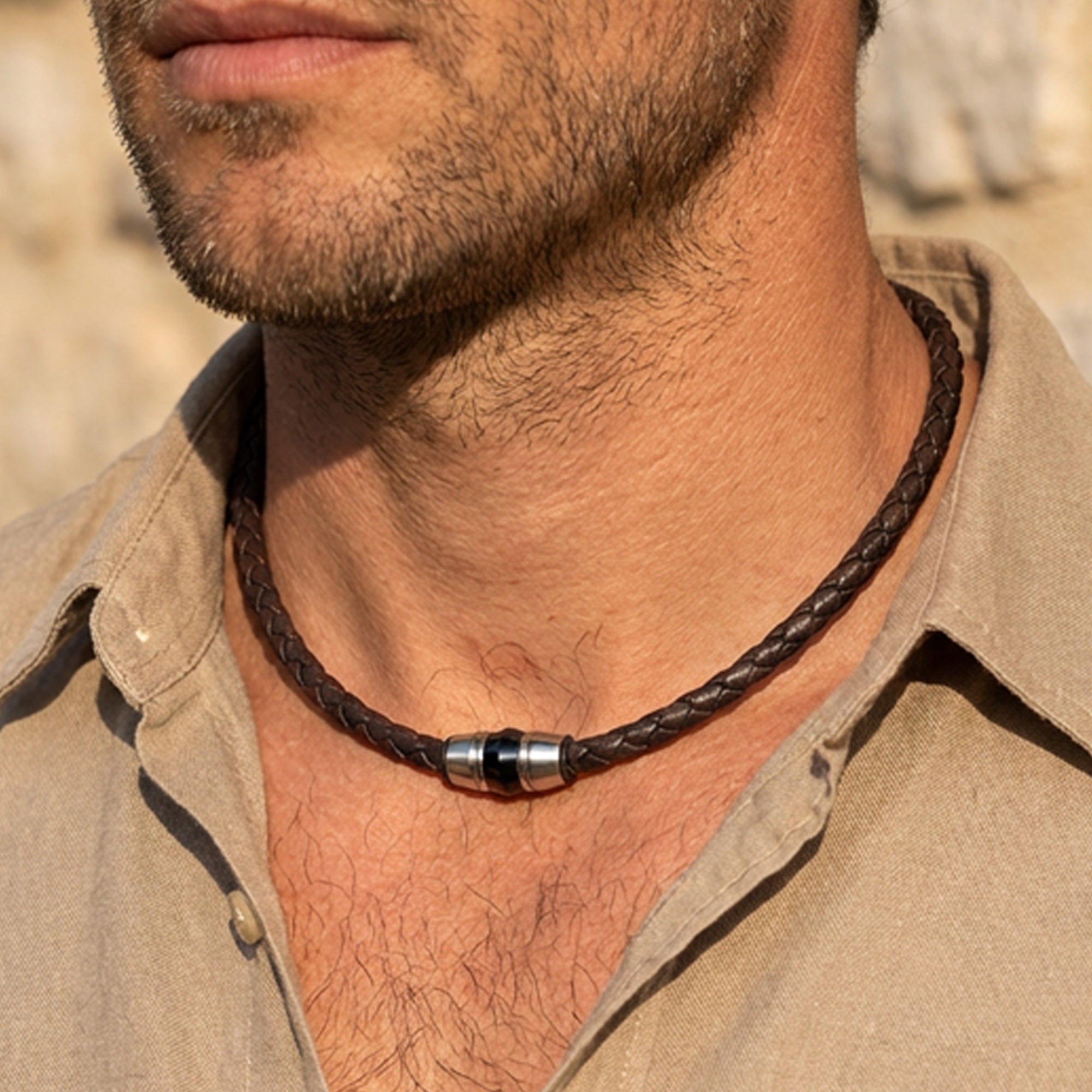 Man Wearing Brown Leather Men's Bead Necklace