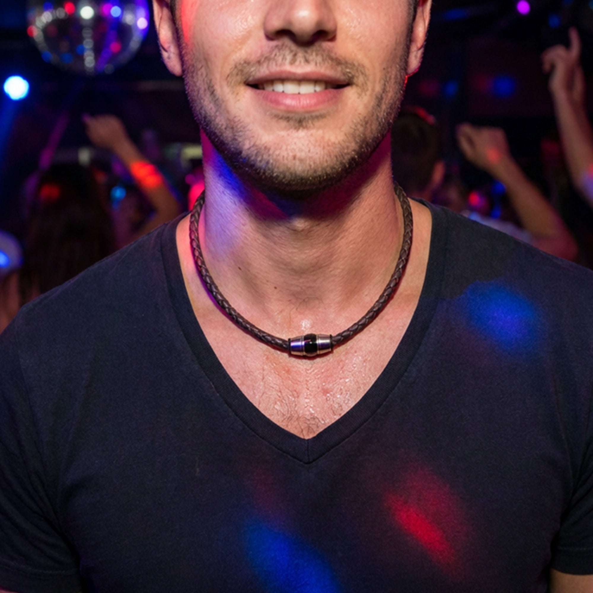 Man Wearing Brown Leather Men's Bead Necklace At A Nightclub