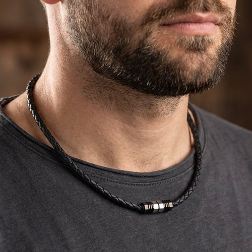 Man Wearing Black Braided Leather Men's Bead Necklace