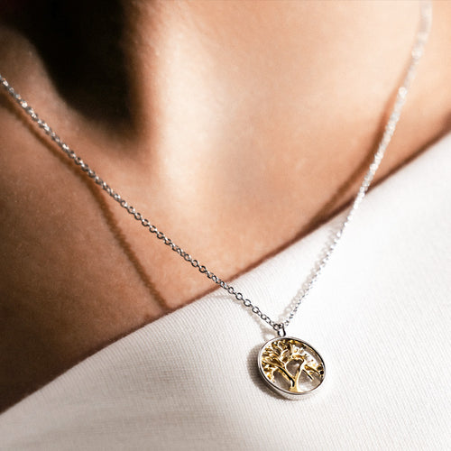 ENGELSRUFER TREE OF LIFE SILVER GOLD NECKLACE - MODEL VIEW