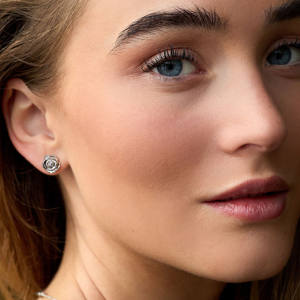 ENGELSRUFER ROSE SILVER CZ STUD EARRINGS - MODEL VIEW
