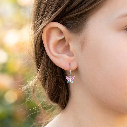 Young Girl Wearing Butterfly Pink Blue CZ Lever Back Children's Earrings