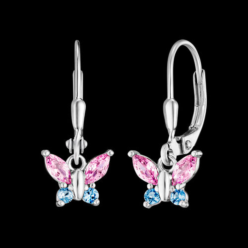 HERZENGEL BUTTERFLY PINK BLUE CZ LEVER BACK CHILDREN'S EARRINGS