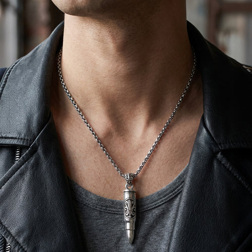 Man Wearing Stainless Steel Bullet Necklace