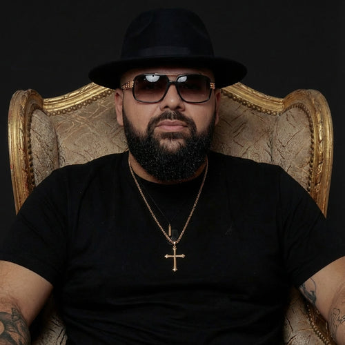 Man Wearing Barbed Cross Men's Gold Steel Necklace