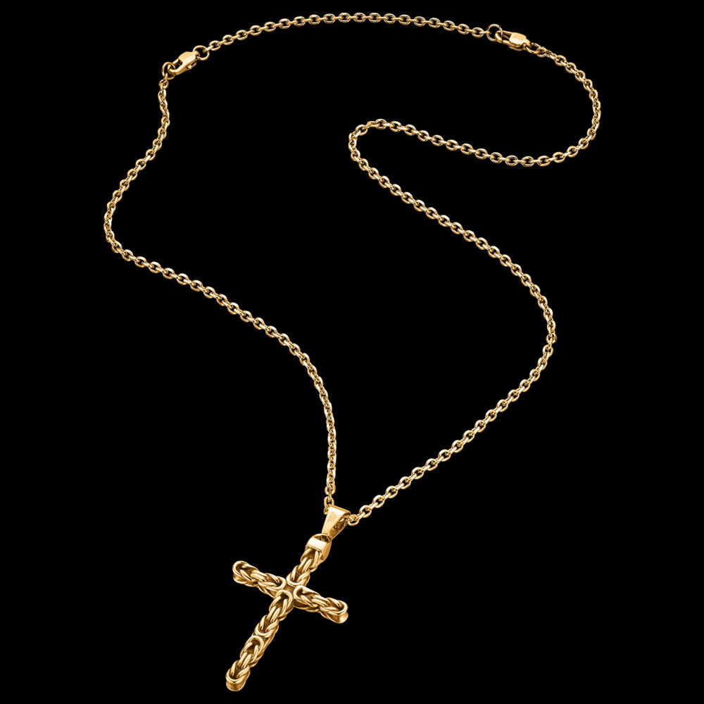 SAVE BRAVE MEN'S DAN GOLD STEEL KNOT CROSS NECKLACE - FULL VIEW
