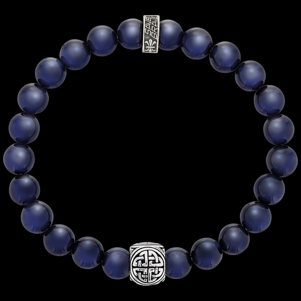 SAVE BRAVE MEN'S STEEL BLUE TIGER EYE VIKING SHIELD KNOT BRACELET